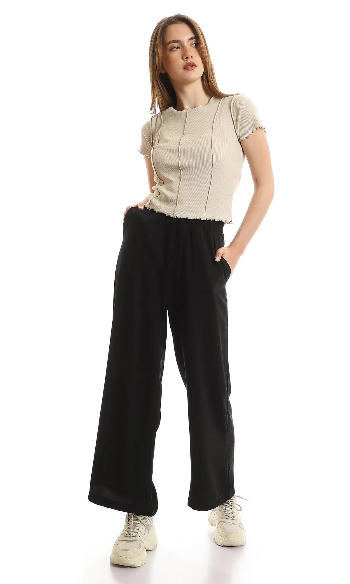 97487 Beige Short Sleeves Ribbed Summer Cropped Top