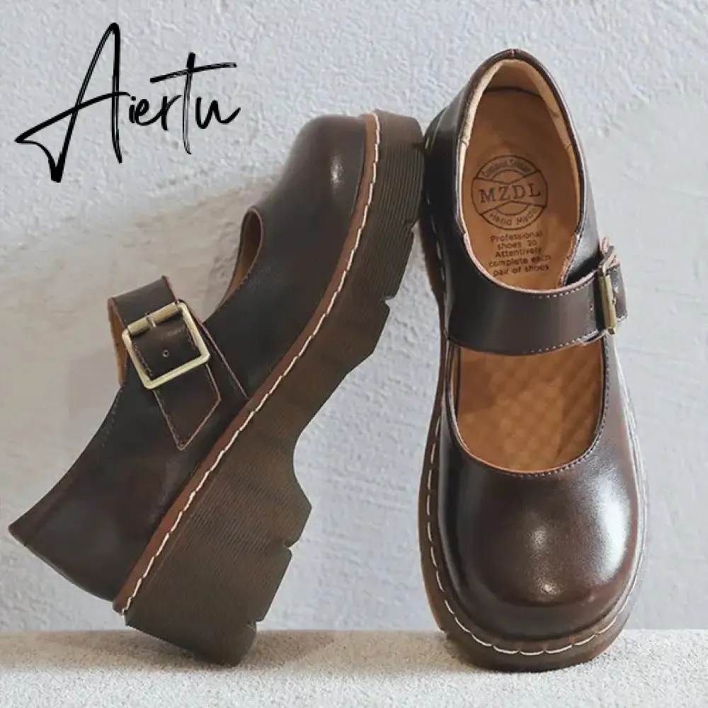Aiertu New literary Retro Women's Shoes Thick Bottom Mori Girl Japanese Mary Jane Single Shoes College Style