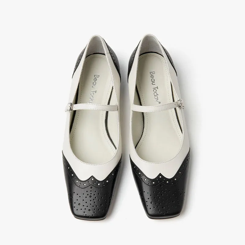 BeauToday Leather Square Toe Brogue Mary Janes Flats for Women