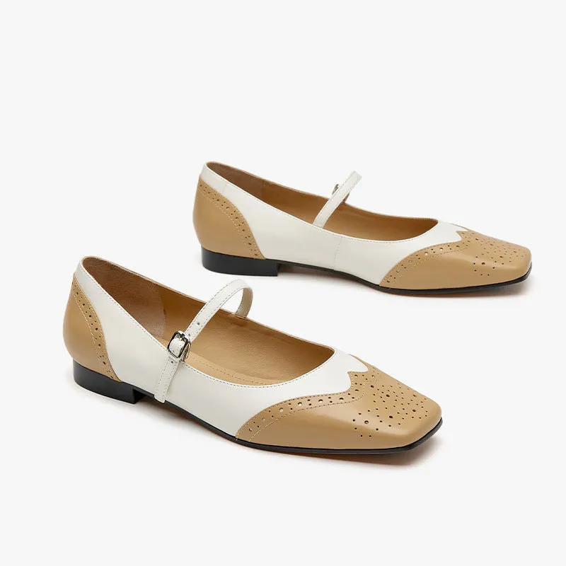 BeauToday Leather Square Toe Brogue Mary Janes Flats for Women