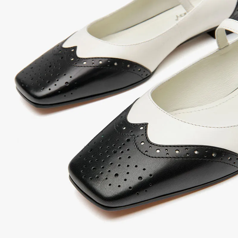 BeauToday Leather Square Toe Brogue Mary Janes Flats for Women