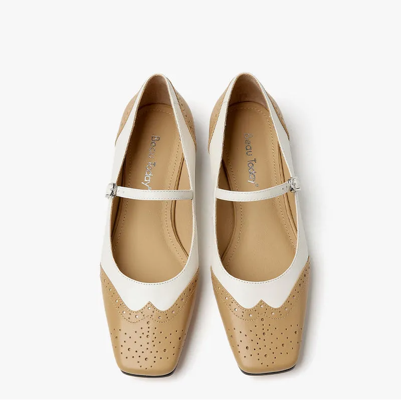 BeauToday Leather Square Toe Brogue Mary Janes Flats for Women