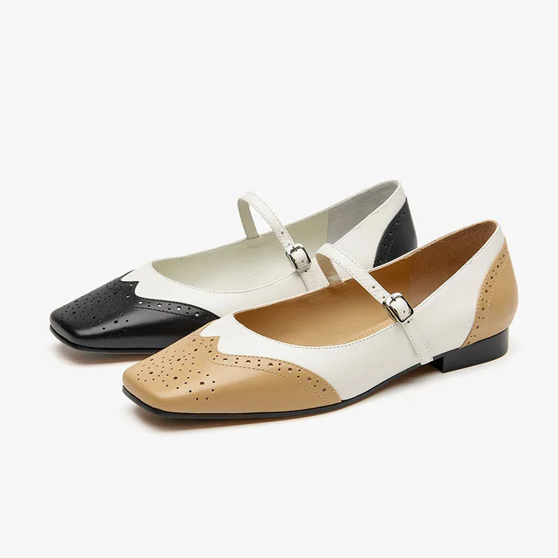 BeauToday Leather Square Toe Brogue Mary Janes Flats for Women