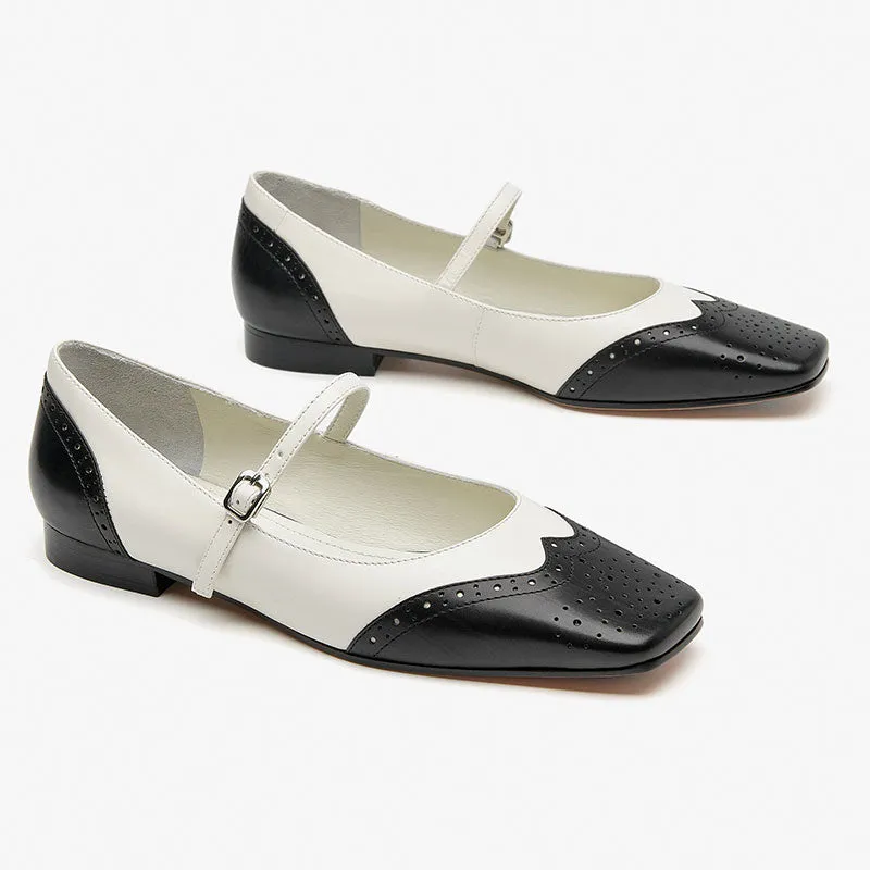 BeauToday Leather Square Toe Brogue Mary Janes Flats for Women
