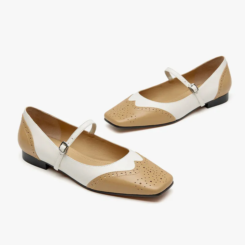 BeauToday Leather Square Toe Brogue Mary Janes Flats for Women