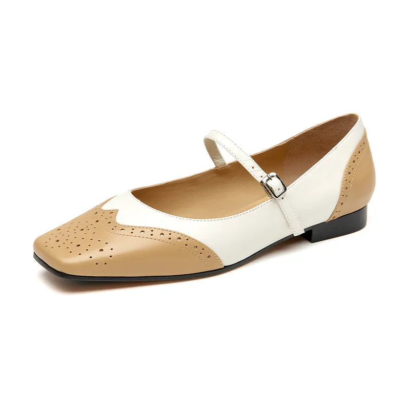 BeauToday Leather Square Toe Brogue Mary Janes Flats for Women