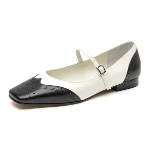 BeauToday Leather Square Toe Brogue Mary Janes Flats for Women