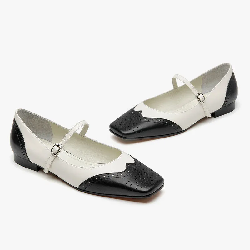 BeauToday Leather Square Toe Brogue Mary Janes Flats for Women