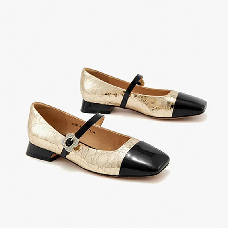 BeauToday Women's Cow Leather Square Toe Mary Jane Flats with Rhinestones Buckle
