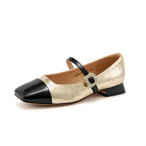 BeauToday Women's Cow Leather Square Toe Mary Jane Flats with Rhinestones Buckle