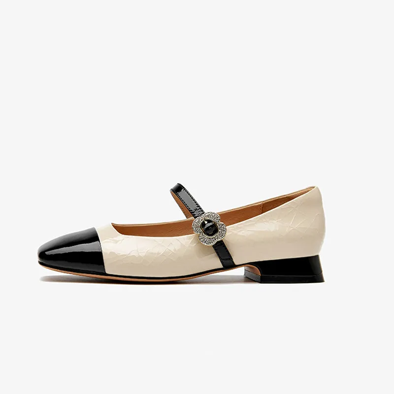 BeauToday Women's Cow Leather Square Toe Mary Jane Flats with Rhinestones Buckle
