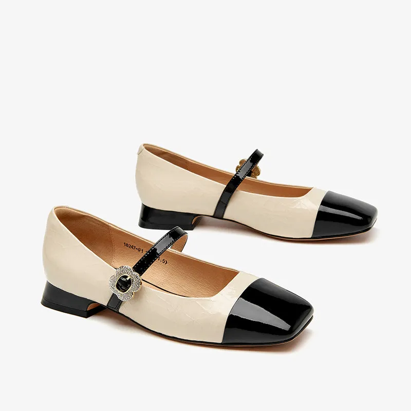 BeauToday Women's Cow Leather Square Toe Mary Jane Flats with Rhinestones Buckle