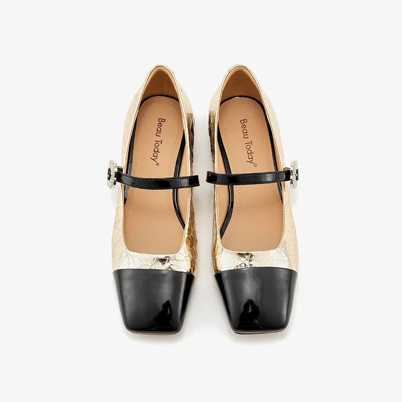 BeauToday Women's Cow Leather Square Toe Mary Jane Flats with Rhinestones Buckle