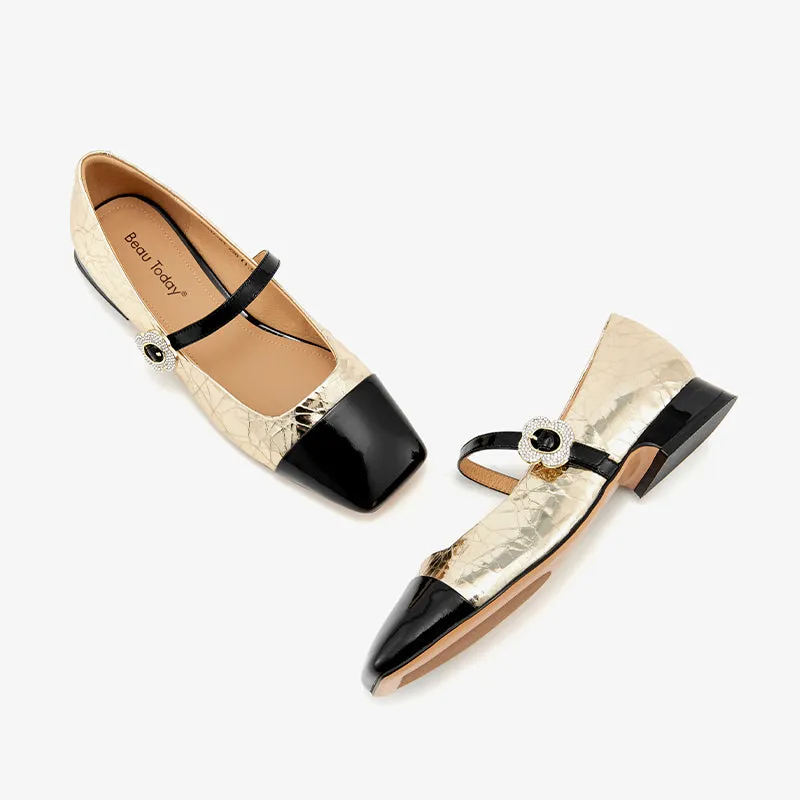 BeauToday Women's Cow Leather Square Toe Mary Jane Flats with Rhinestones Buckle