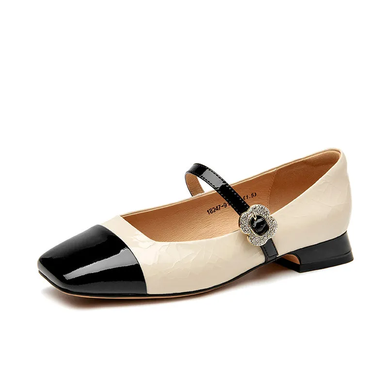 BeauToday Women's Cow Leather Square Toe Mary Jane Flats with Rhinestones Buckle