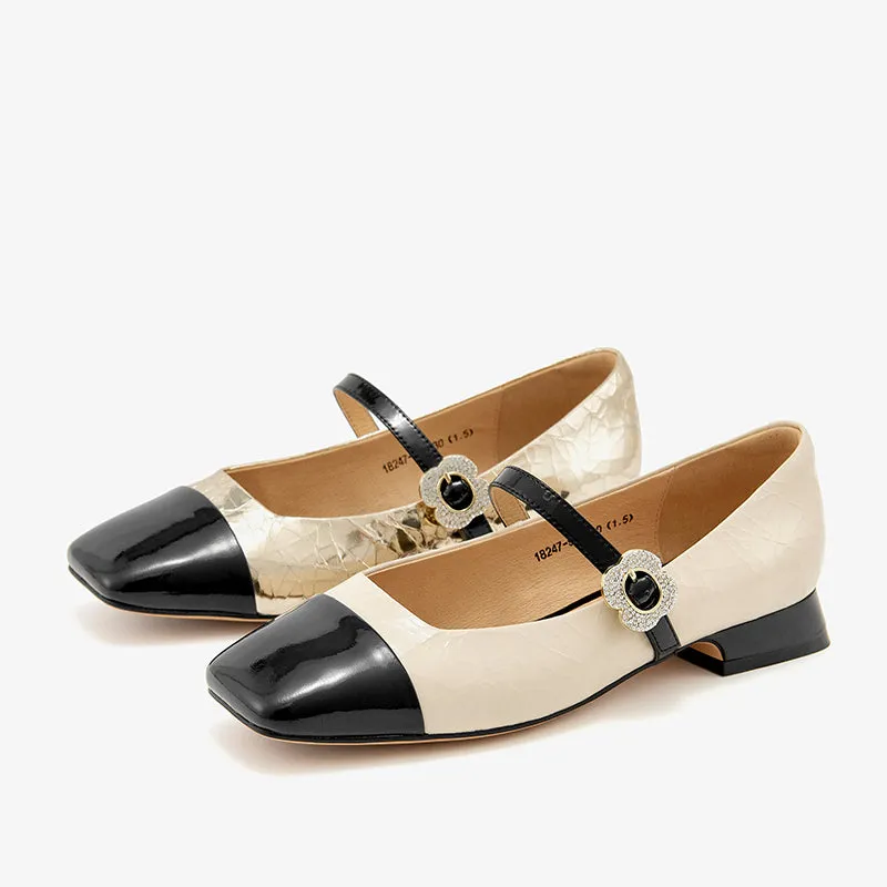 BeauToday Women's Cow Leather Square Toe Mary Jane Flats with Rhinestones Buckle