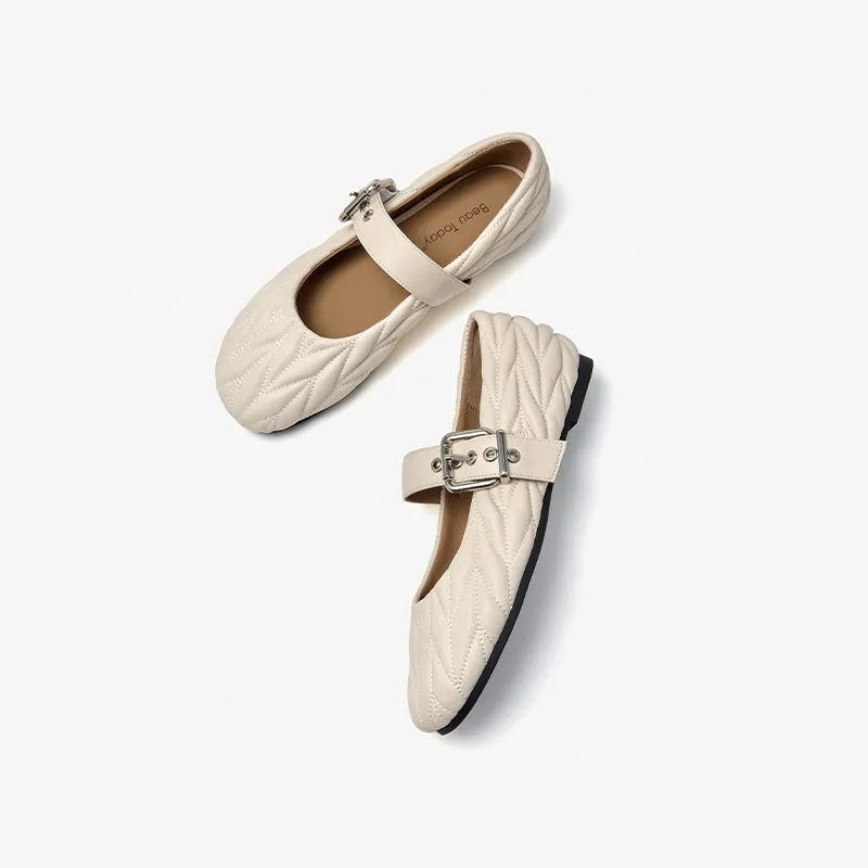BeauToday Women's Soft Leather Mary Janes Flat with Adjustable Metal Buckle