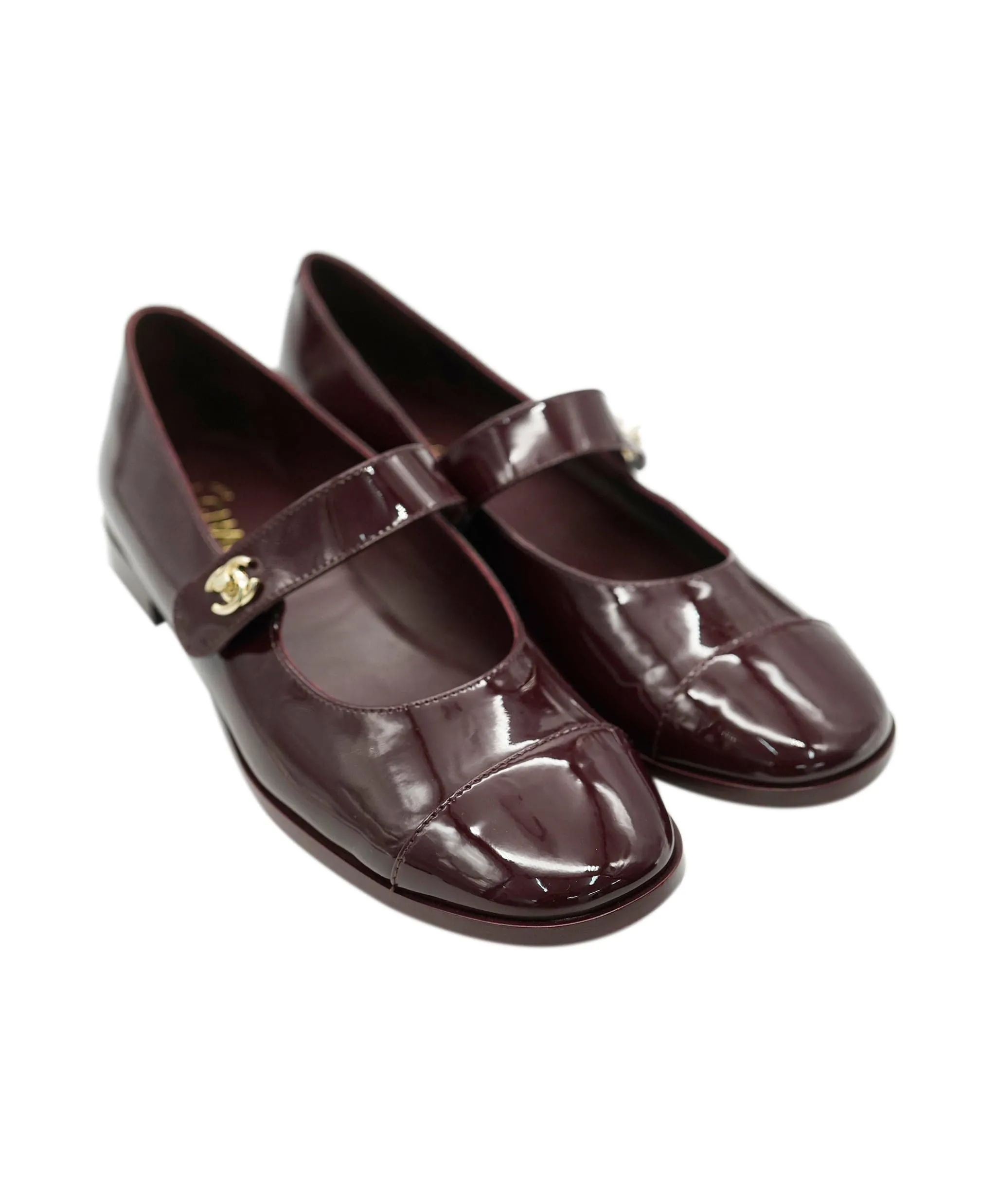 Chanel Mary Janes Patent Burgundy Leather Ballet Flats ALC1884