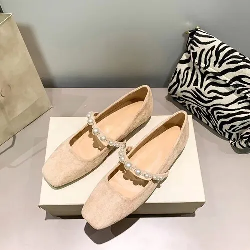 Chicmy Square Toe Pearl One Word with Mary Jane Shoes Women's New Suede Shallow Mouth Comfortable Flat Shoes