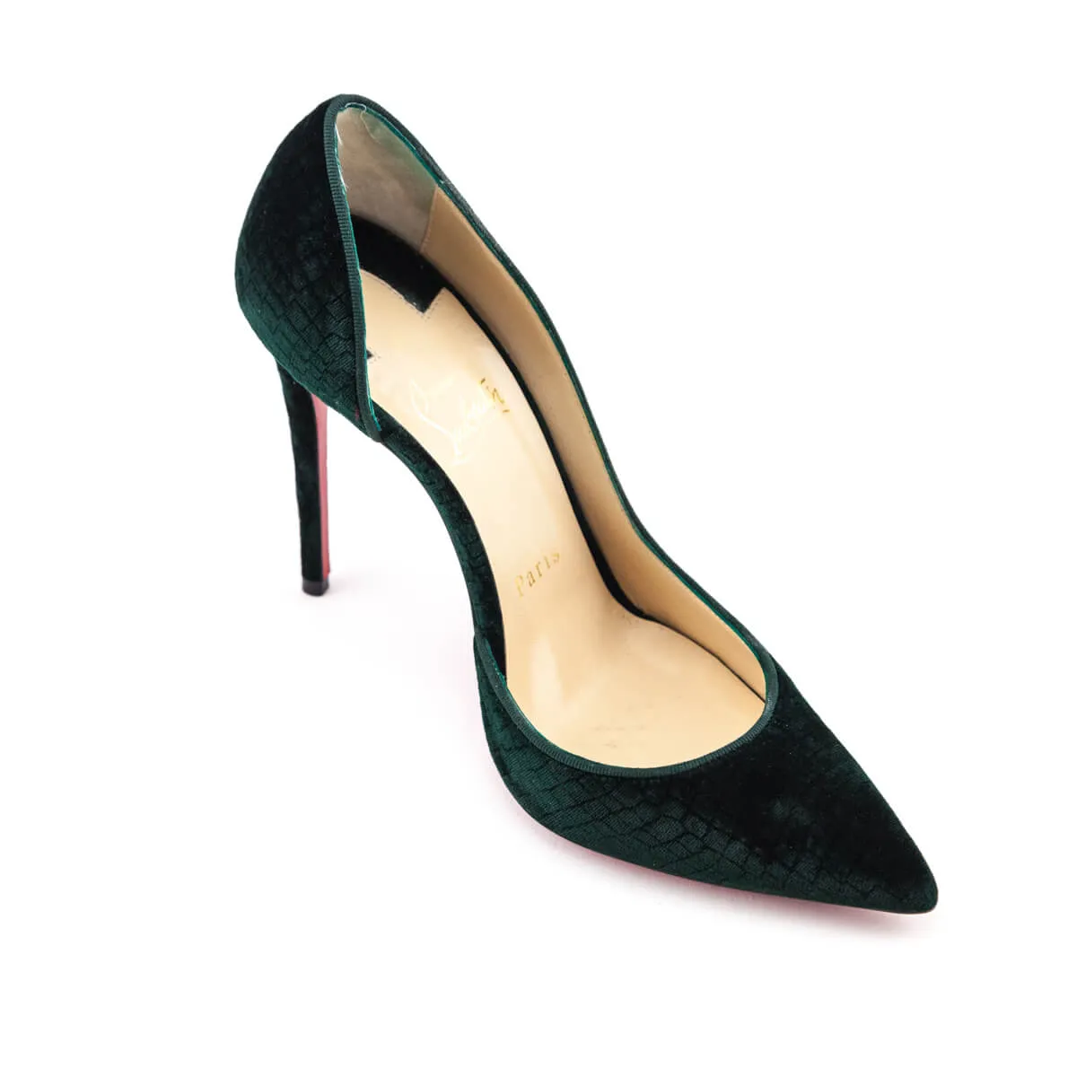 Christian Louboutin Green Velvet Snakeskin Print D'Orsay Pumps Size US 7 | EU 37
