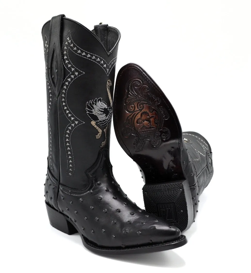 Combo JB901 Black Combo Men's Western Boots: J Toe Cowboy boots in Genuine Leather Ostrich Print 001 Black Belt