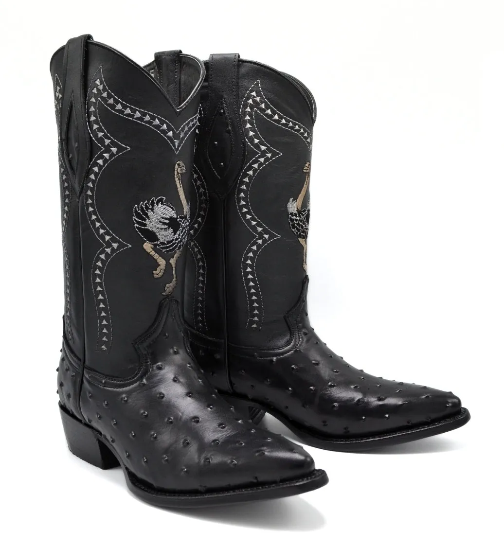 Combo JB901 Black Combo Men's Western Boots: J Toe Cowboy boots in Genuine Leather Ostrich Print 001 Black Belt