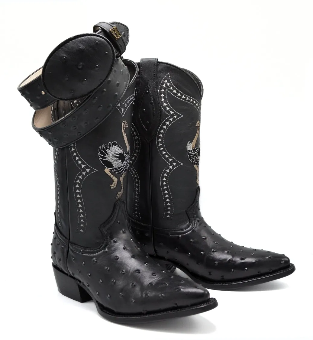 Combo JB901 Black Combo Men's Western Boots: J Toe Cowboy boots in Genuine Leather Ostrich Print 001 Black Belt