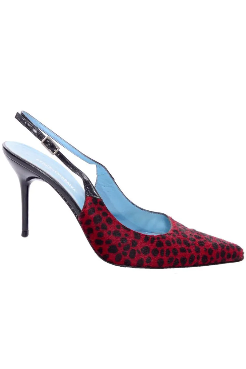 Dolce & Gabbana Animal Print Shoes in Red & Black Spotted Fur Slingback Heels 38.5