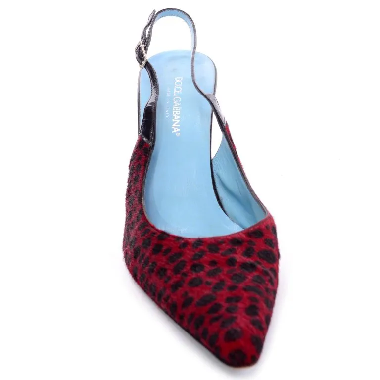Dolce & Gabbana Animal Print Shoes in Red & Black Spotted Fur Slingback Heels 38.5