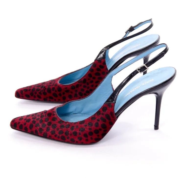 Dolce & Gabbana Animal Print Shoes in Red & Black Spotted Fur Slingback Heels 38.5