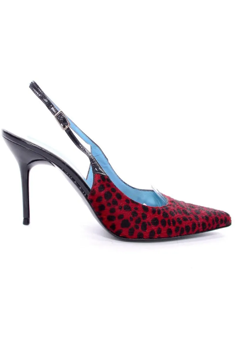 Dolce & Gabbana Animal Print Shoes in Red & Black Spotted Fur Slingback Heels 38.5