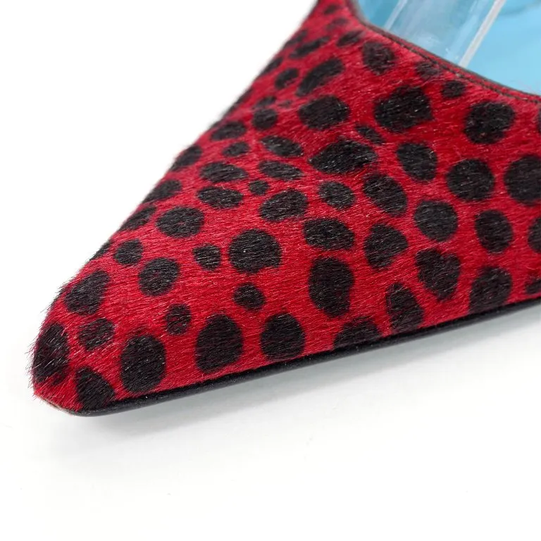 Dolce & Gabbana Animal Print Shoes in Red & Black Spotted Fur Slingback Heels 38.5