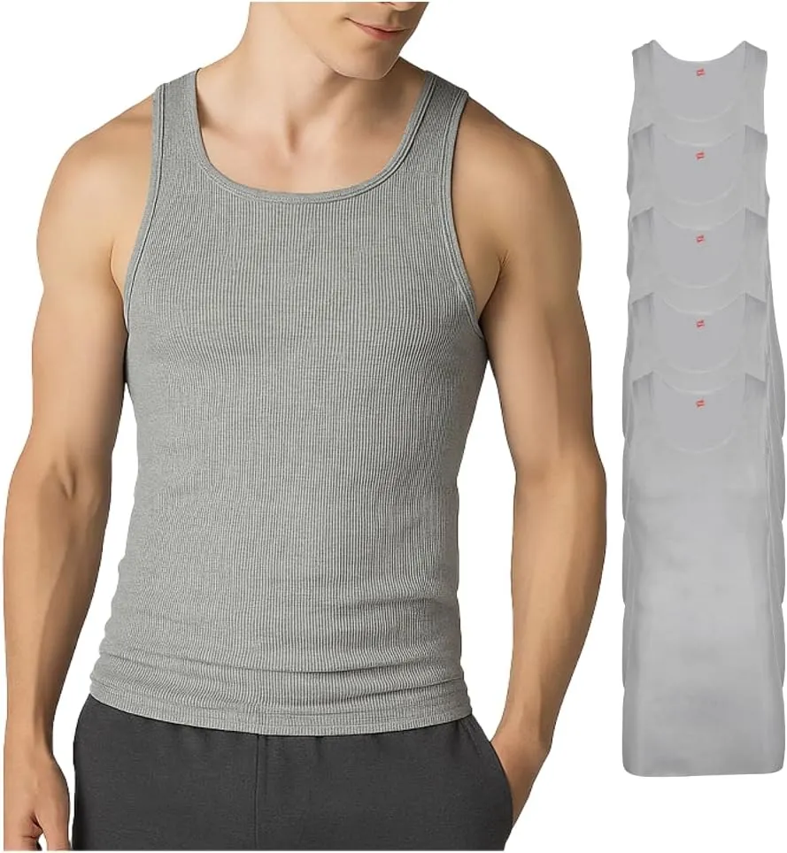 Hanes Men??s Tall 100% Cotton Ribbed Tank Tagless Undershirts, Multipack