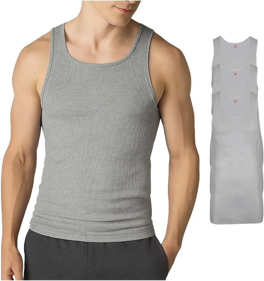 Hanes Men??s Tall 100% Cotton Ribbed Tank Tagless Undershirts, Multipack