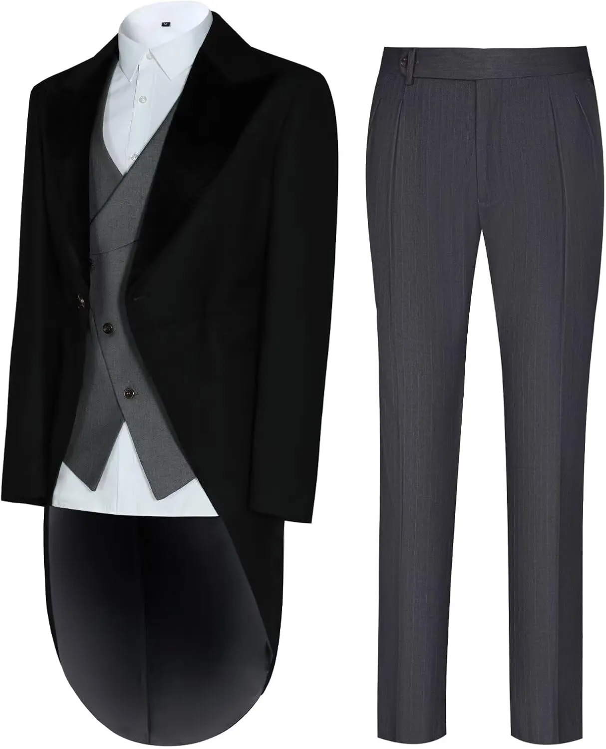 Men's 3 Piece Tuxedo Suit Slim Fit Swallow Long Tailcoat Performances Dinner Party Wedding Double Breasted Vest Pants