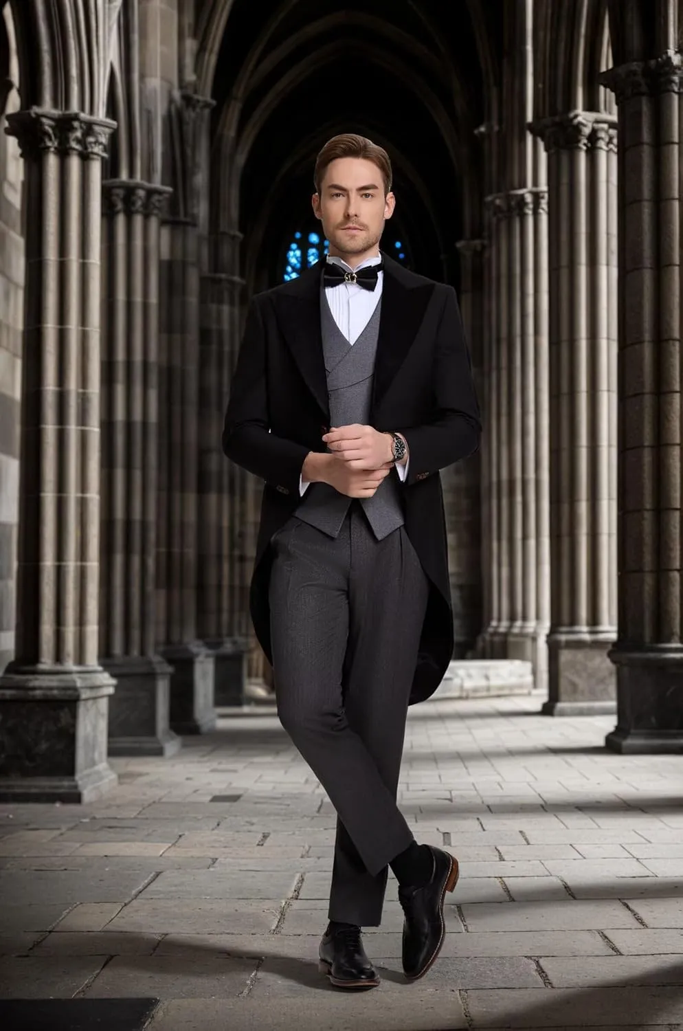 Men's 3 Piece Tuxedo Suit Slim Fit Swallow Long Tailcoat Performances Dinner Party Wedding Double Breasted Vest Pants