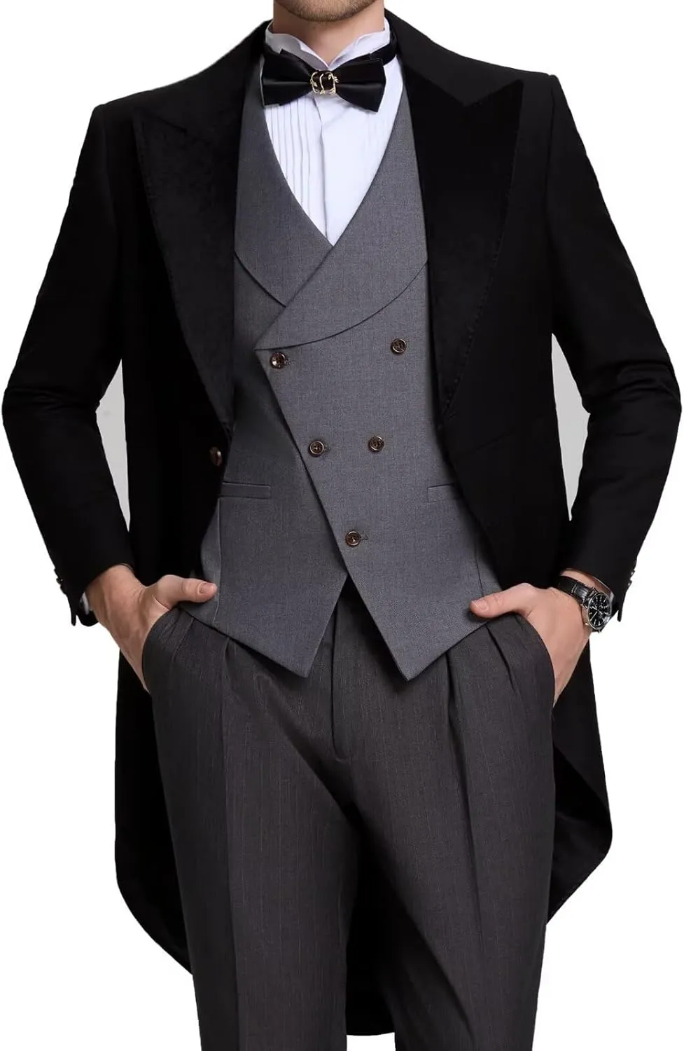 Men's 3 Piece Tuxedo Suit Slim Fit Swallow Long Tailcoat Performances Dinner Party Wedding Double Breasted Vest Pants