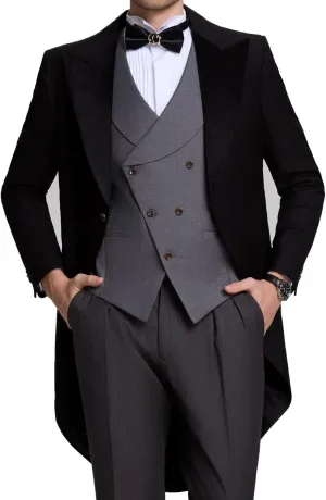 Men's 3 Piece Tuxedo Suit Slim Fit Swallow Long Tailcoat Performances Dinner Party Wedding Double Breasted Vest Pants