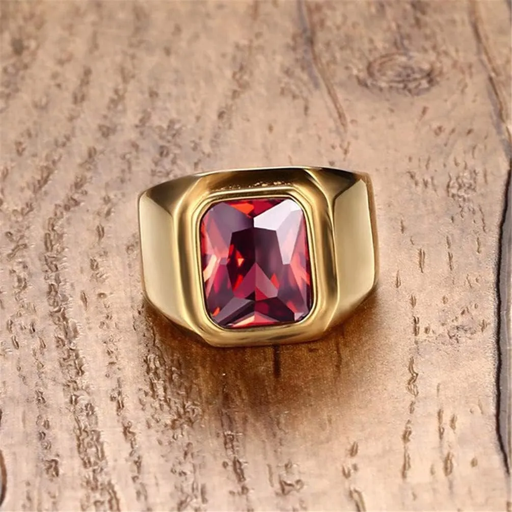 Men's Stainless Steel Gold/Silver/Black Plated Ring with Square Gemstone Multicolor Stone