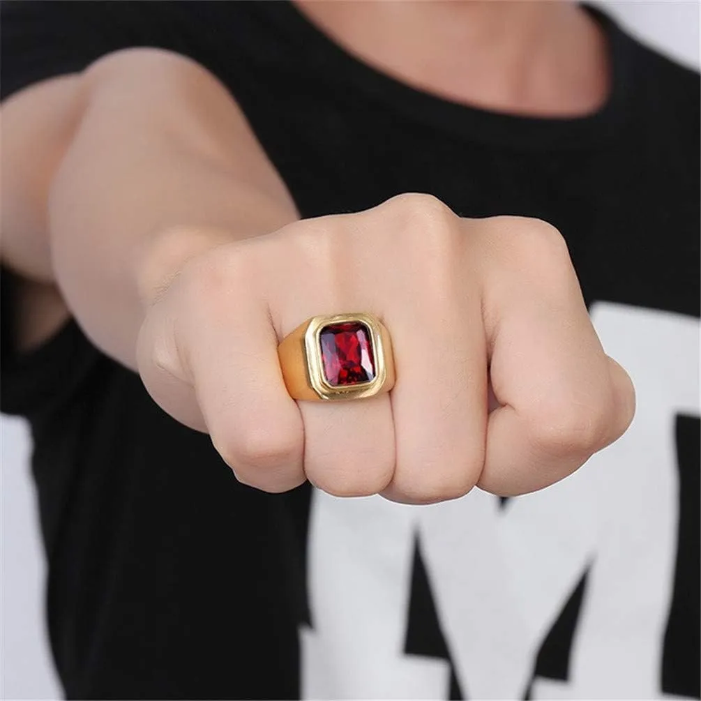 Men's Stainless Steel Gold/Silver/Black Plated Ring with Square Gemstone Multicolor Stone
