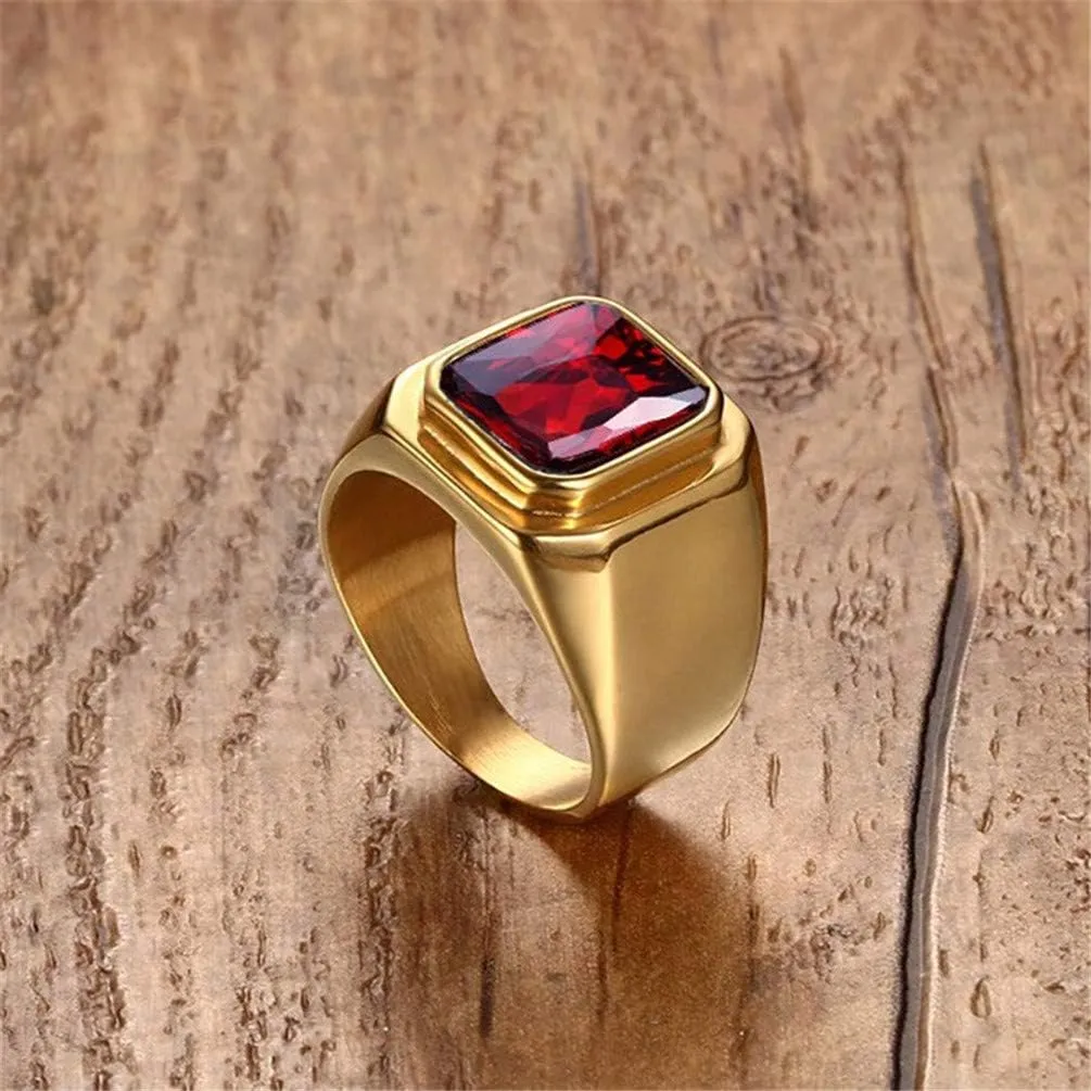 Men's Stainless Steel Gold/Silver/Black Plated Ring with Square Gemstone Multicolor Stone