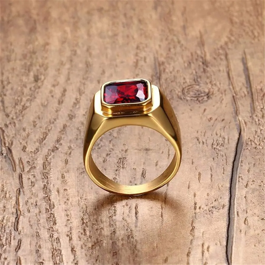 Men's Stainless Steel Gold/Silver/Black Plated Ring with Square Gemstone Multicolor Stone