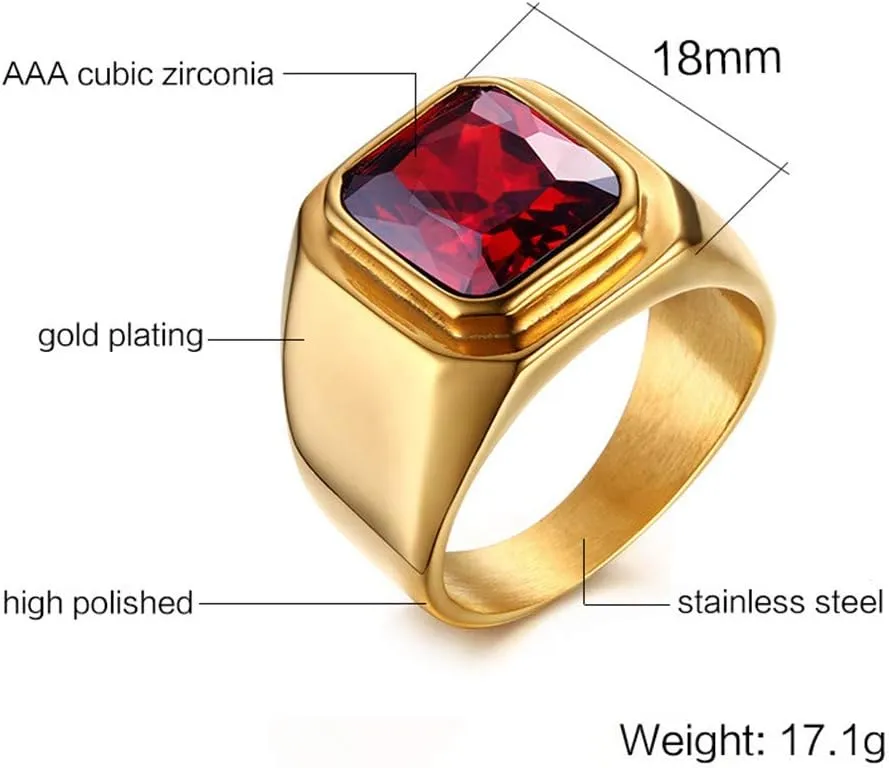 Men's Stainless Steel Gold/Silver/Black Plated Ring with Square Gemstone Multicolor Stone