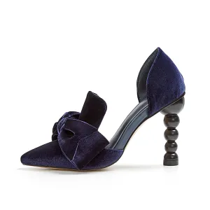 Nantes Slip On French Velvet Pumps with Bowtie - Midnight Blue
