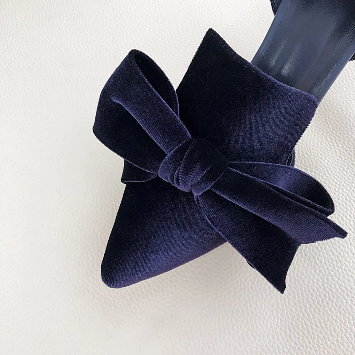 Nantes Slip On French Velvet Pumps with Bowtie - Midnight Blue