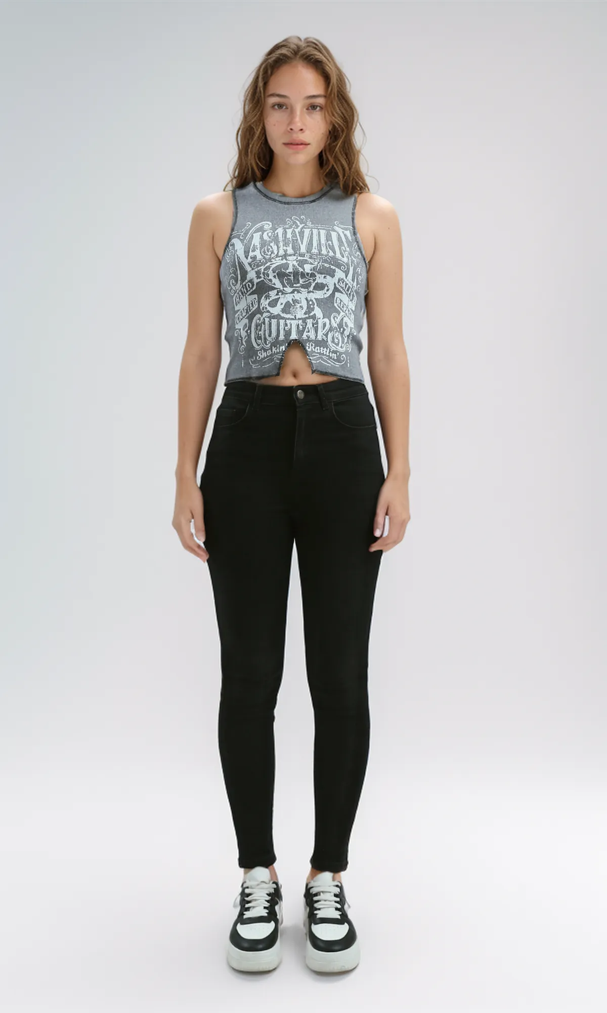 O191033 Sleeveless Stitched Tee With Front Print -Heather Dark Grey