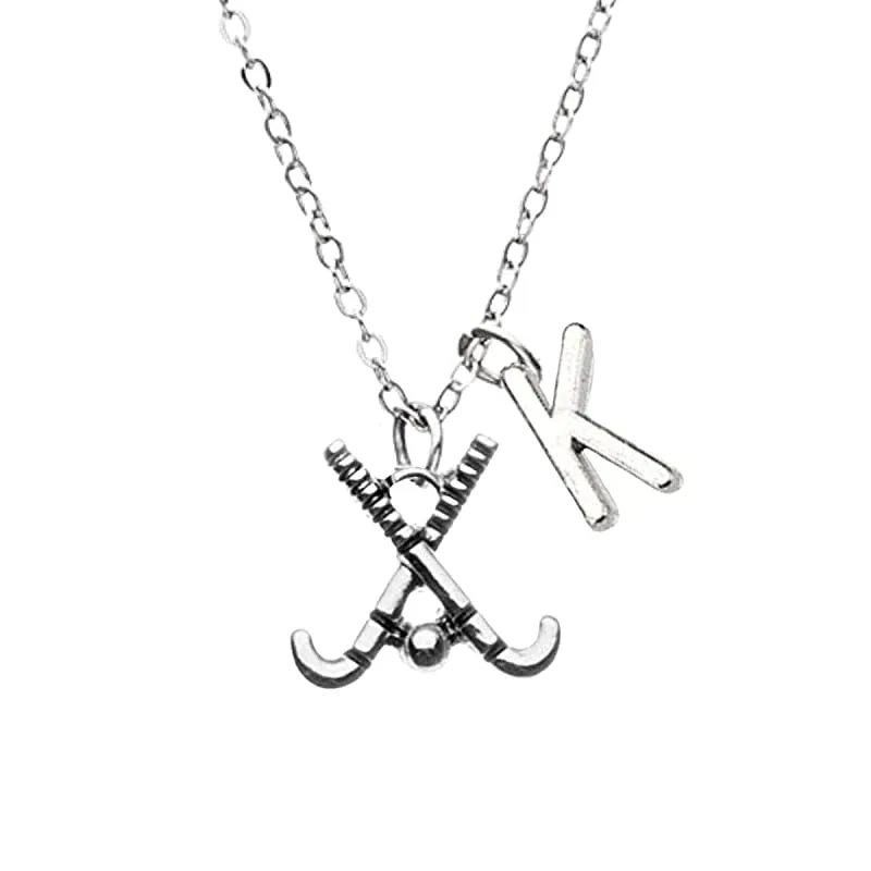 Personalized Field Hockey Stick Necklace with Letter & Birthstone Charm