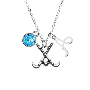 Personalized Field Hockey Stick Necklace with Letter & Birthstone Charm