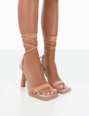 Province Nude Square Toe Strappy Lace Up Heels