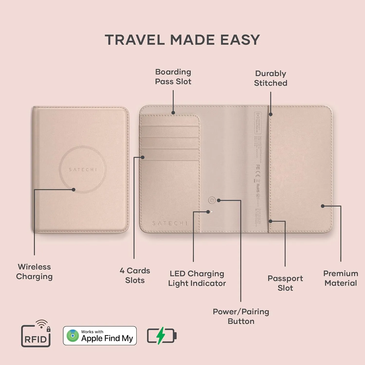 Satechi Passport Holder for Travel with Find My, Passport Cover with 4 Card Holder, Wireless Charging, and RFID protection ?C Travel Essential Vegan Leather Passport ?C Desert Rose